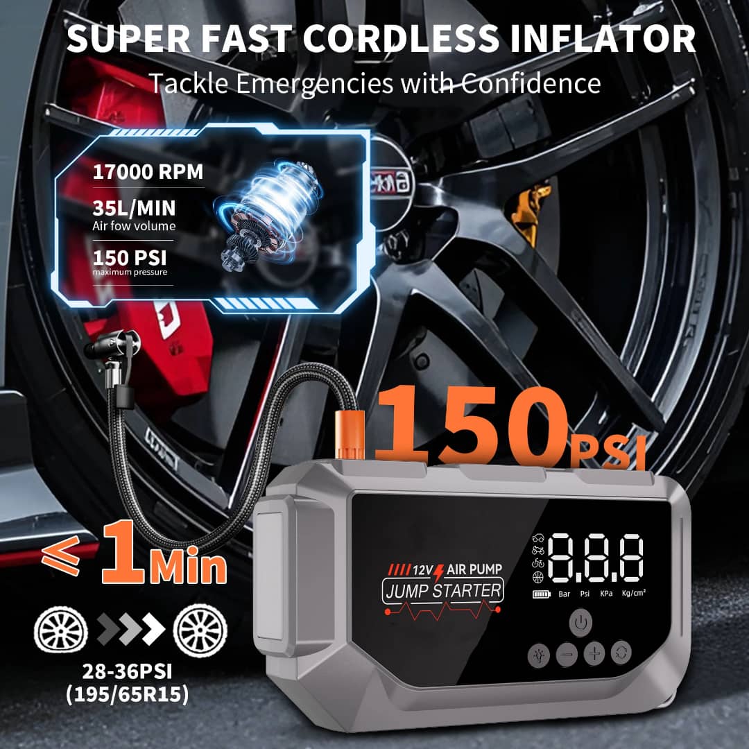 جهاز قوي يجمع بين منفاخ الهواء التربو و شاحن بطارية السيارة (جامب ستارتر) مع بطارية عملاقة