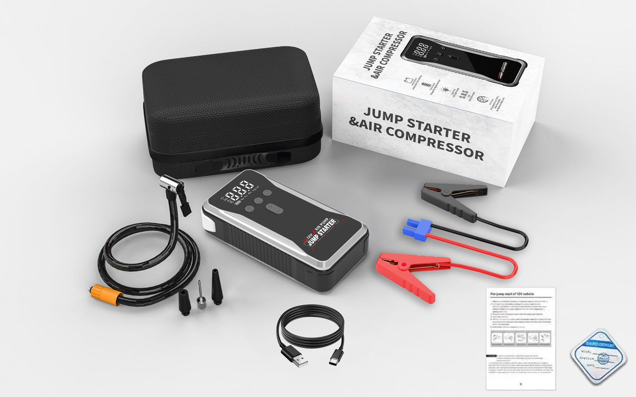 جهاز قوي يجمع بين منفاخ الهواء التربو و شاحن بطارية السيارة (جامب ستارتر) مع بطارية عملاقة