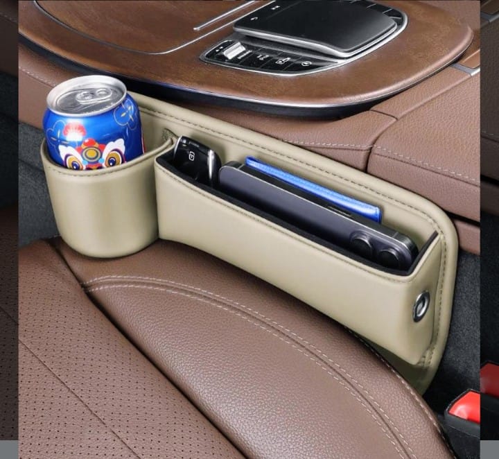 منظم جانبي جلد لمقعد السيارة – مع حامل أكواب