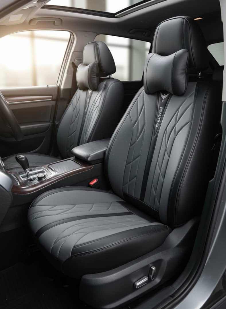 طقم تلبيسات كراسي سياره جلد كامل امامي وخلفي معا وسايد رقبه اضافي تنجيده