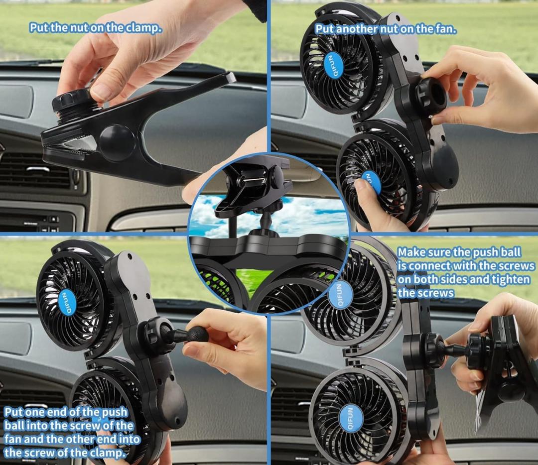 مروحة سيارة مزدوجة قوية وقابلة للدوران 360° – راحة وانتعاش في كل رحلة! 🚗