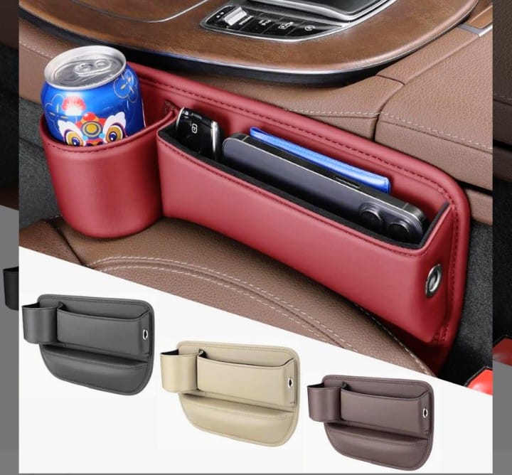 منظم جانبي جلد لمقعد السيارة – مع حامل أكواب