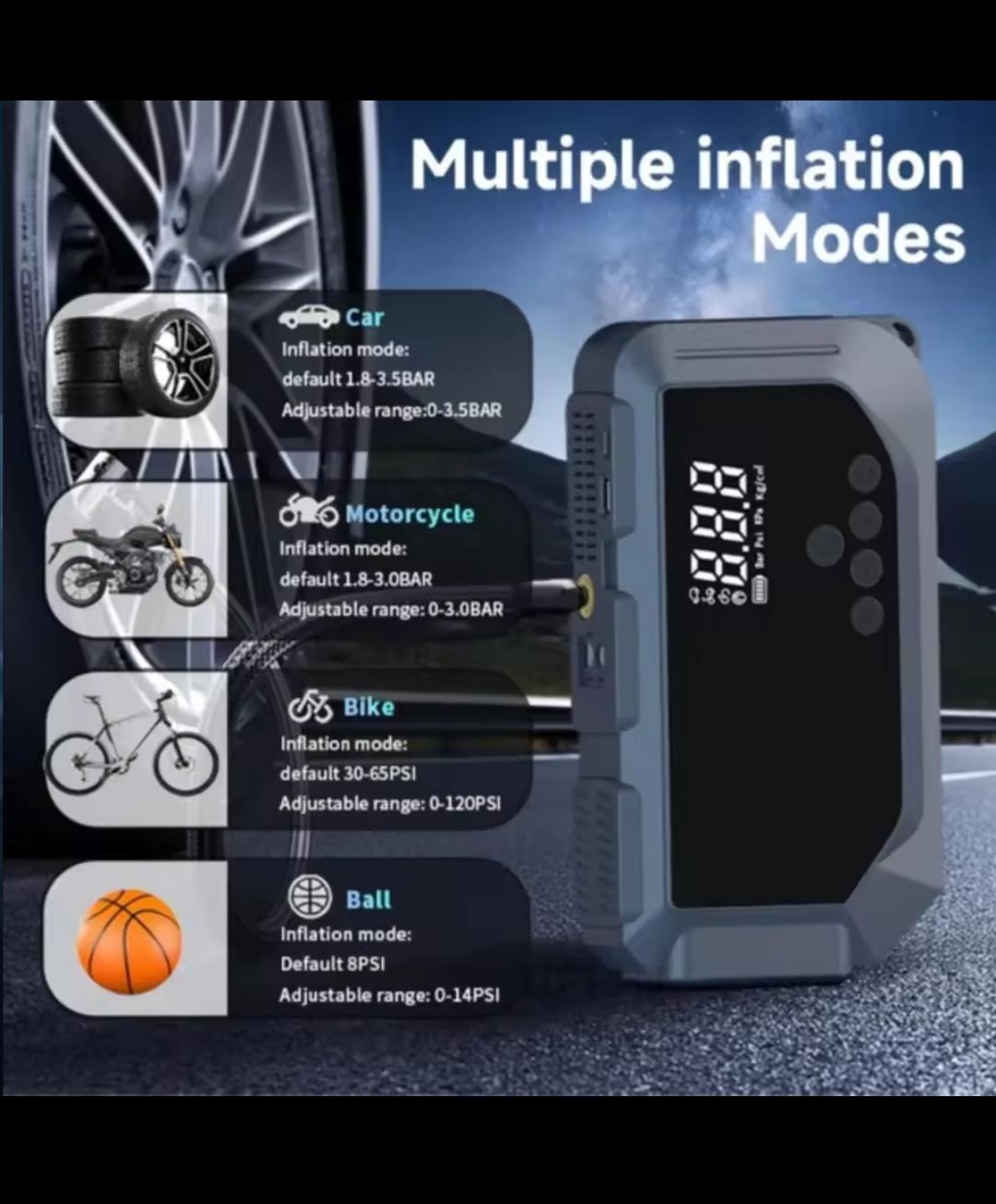 جهاز قوي يجمع بين منفاخ الهواء التربو و شاحن بطارية السيارة (جامب ستارتر) مع بطارية عملاقة