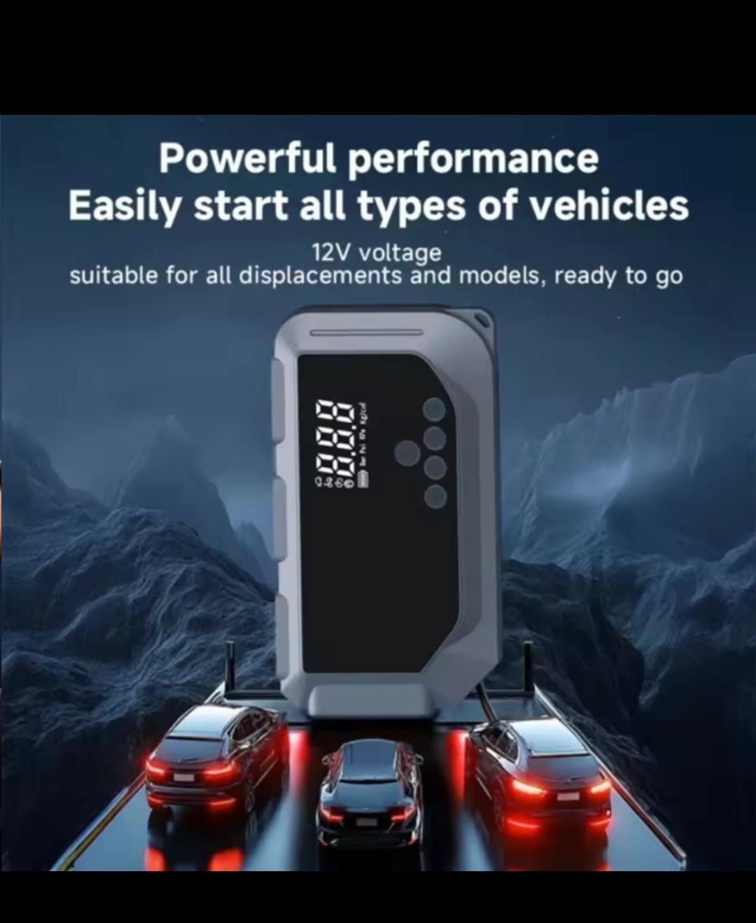 جهاز قوي يجمع بين منفاخ الهواء التربو و شاحن بطارية السيارة (جامب ستارتر) مع بطارية عملاقة