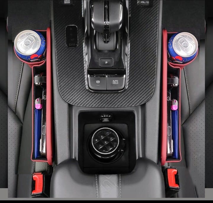 منظم جانبي جلد لمقعد السيارة – مع حامل أكواب