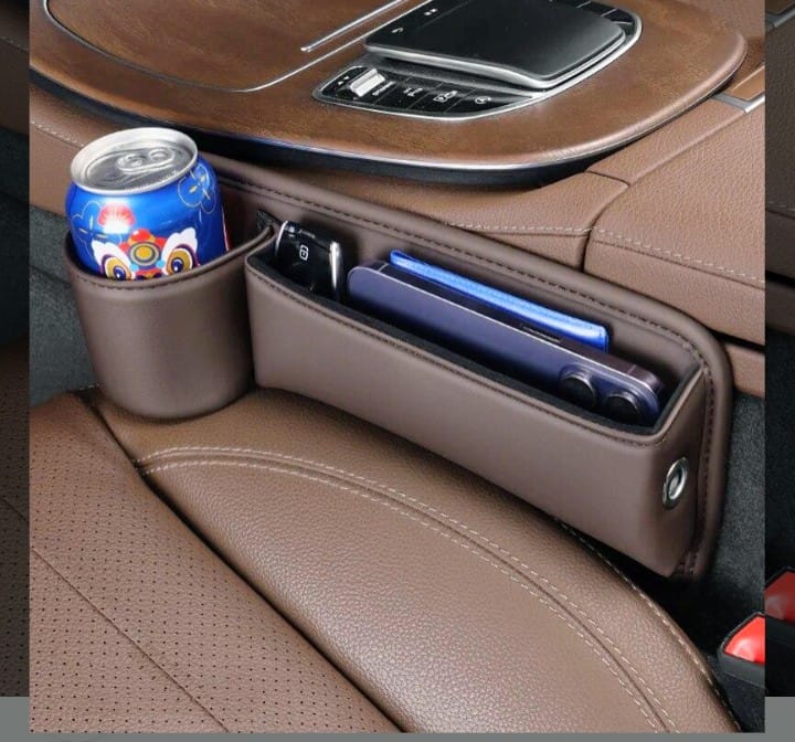 منظم جانبي جلد لمقعد السيارة – مع حامل أكواب
