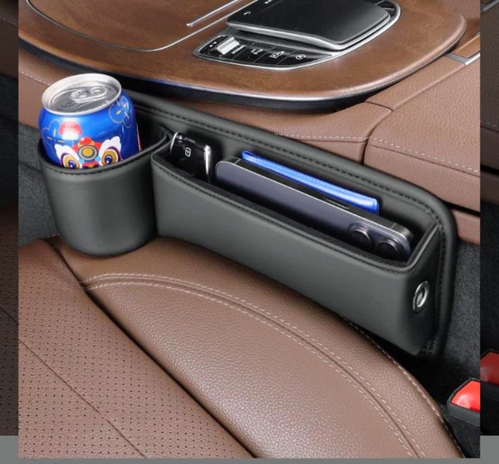 منظم جانبي جلد لمقعد السيارة – مع حامل أكواب