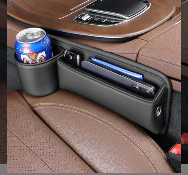 منظم جانبي جلد لمقعد السيارة – مع حامل أكواب
