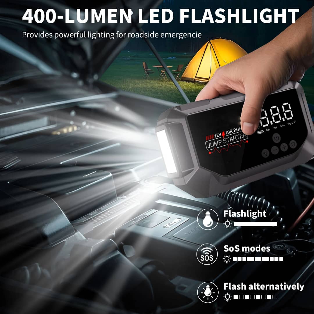 جهاز قوي يجمع بين منفاخ الهواء التربو و شاحن بطارية السيارة (جامب ستارتر) مع بطارية عملاقة