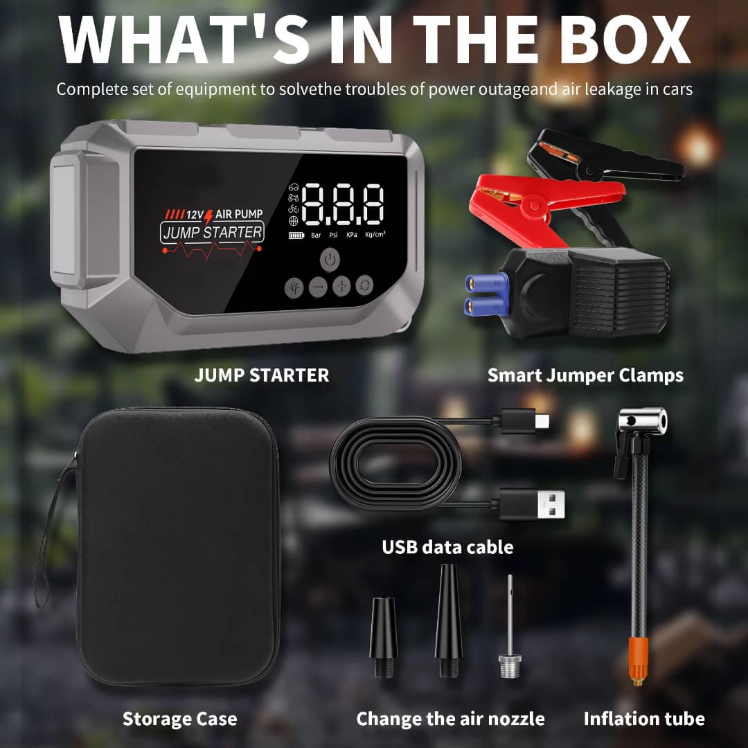 جهاز قوي يجمع بين منفاخ الهواء التربو و شاحن بطارية السيارة (جامب ستارتر) مع بطارية عملاقة