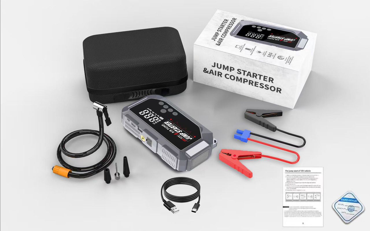 جهاز قوي يجمع بين منفاخ الهواء التربو و شاحن بطارية السيارة (جامب ستارتر) مع بطارية عملاقة